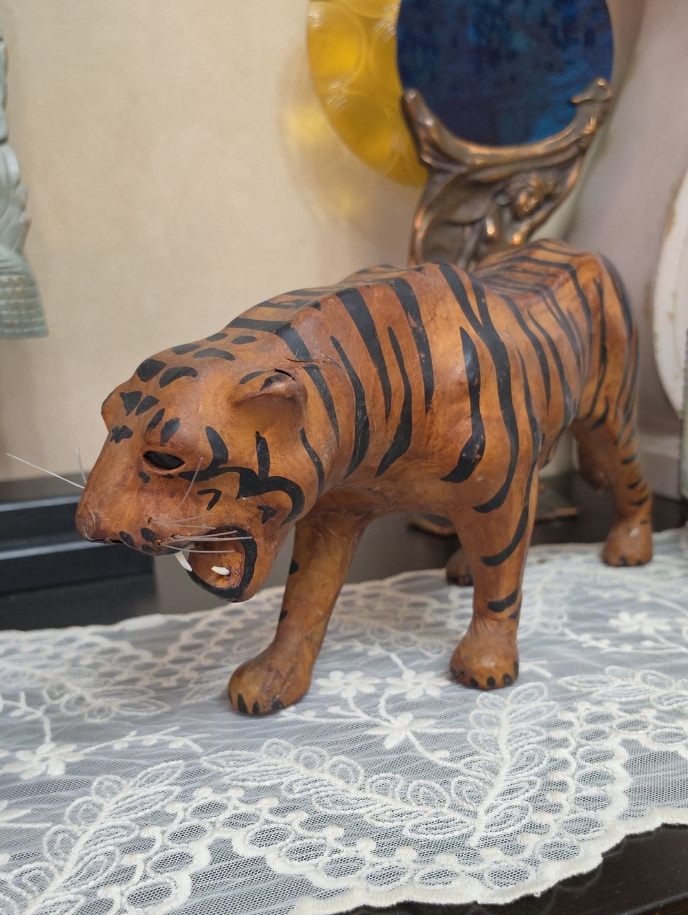mid-20th-century hand-painted leather-wrapped papier-mâché tiger sculpture 1950